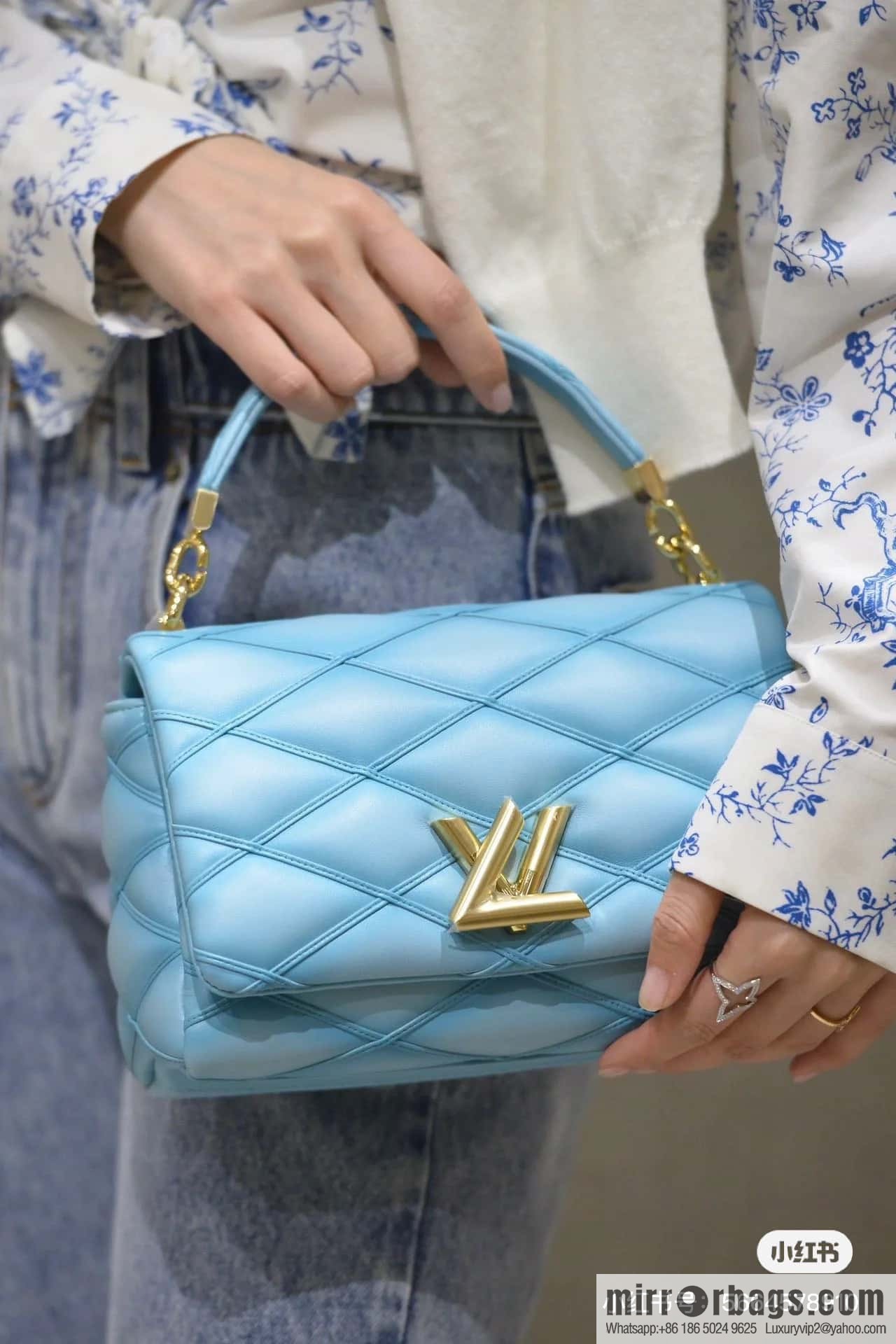[Boutique‑grade] M22891 water blue, full leather rhombus chain bag series GO-14 Teist medium handbag M22890 GO-14 medium handbag