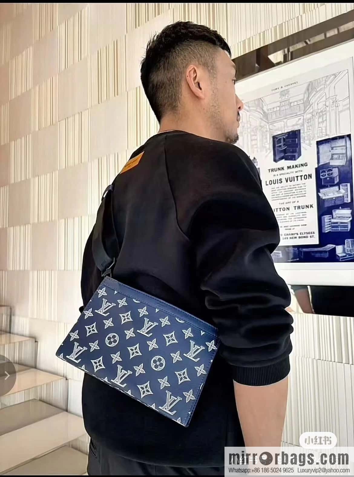 [Boutique‑grade] M83384 blue silk screen, full leather men's bag two-piece series GASTON mini handbag