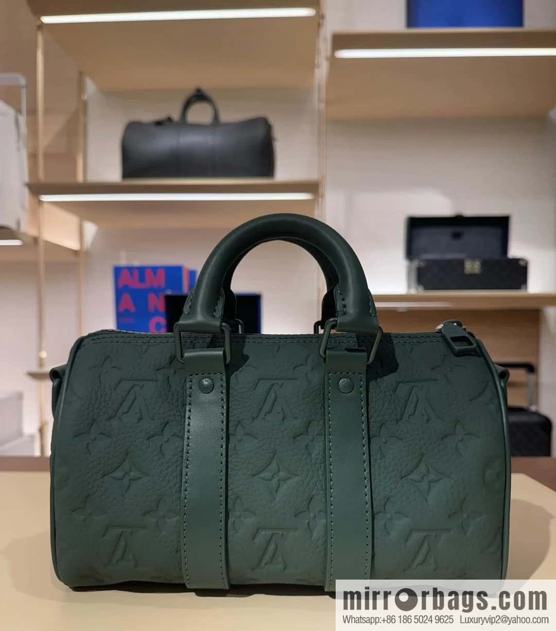 [Premium‑quality] M24432 dark green, full leather embossed pillow bag speedy series KEEPALL BANDOULIZRE 25 travel bag