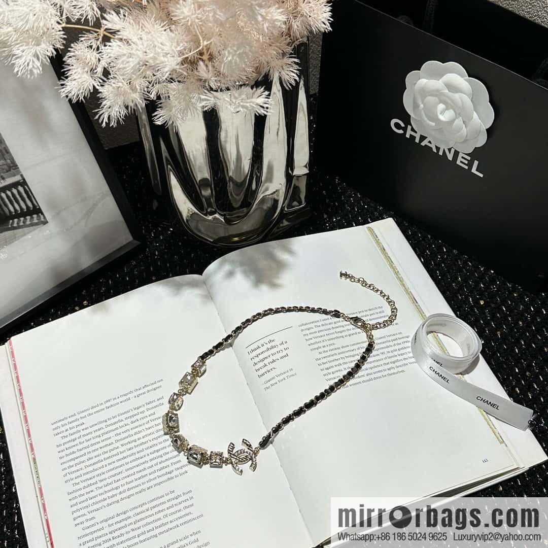 ☀️New ☑️ Chanel Double C Square Diamond Black Leather Rope Necklace ☀️