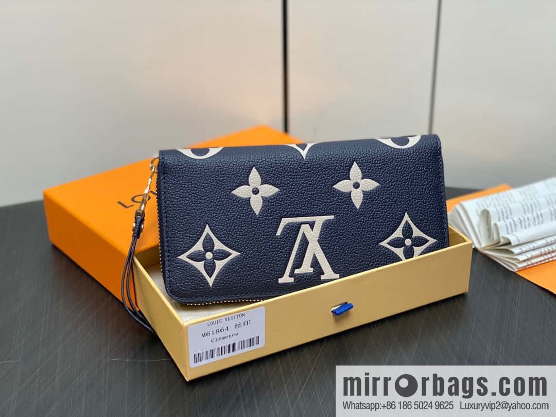 [Premium‑quality] M61864 dark blue silk screen, full leather single zipper wallet series Clemence zipper wallet