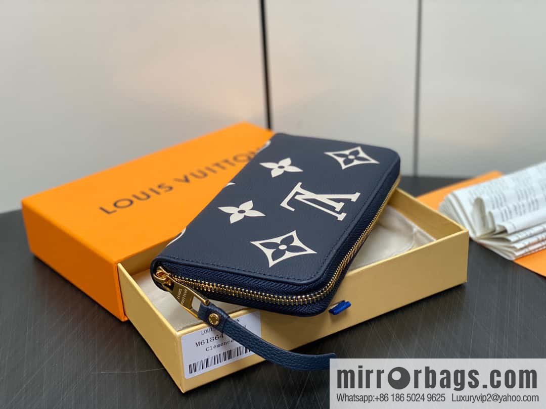 [Premium‑quality] M61864 dark blue silk screen, full leather single zipper wallet series Clemence zipper wallet