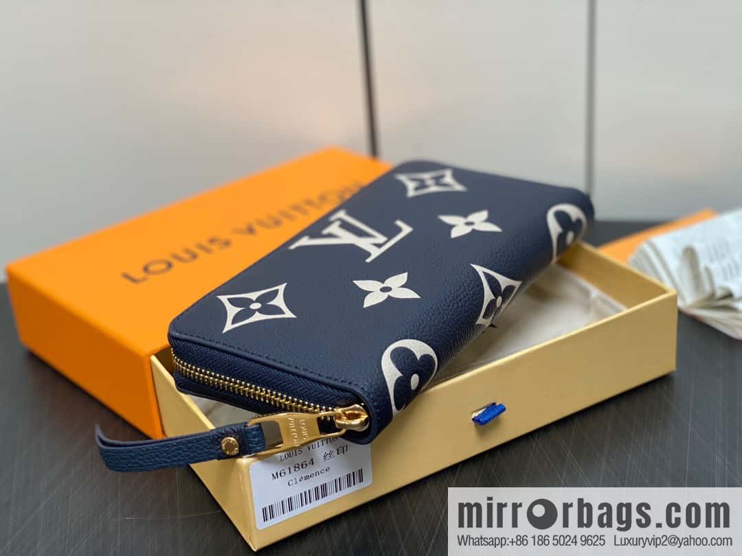 [Premium‑quality] M61864 dark blue silk screen, full leather single zipper wallet series Clemence zipper wallet