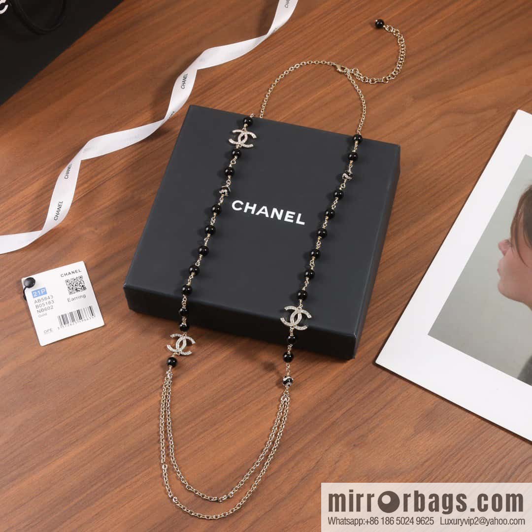 ☀️New ☑️ Chanel Double C Black Pearl Double Sweater Chain Necklace ☀️