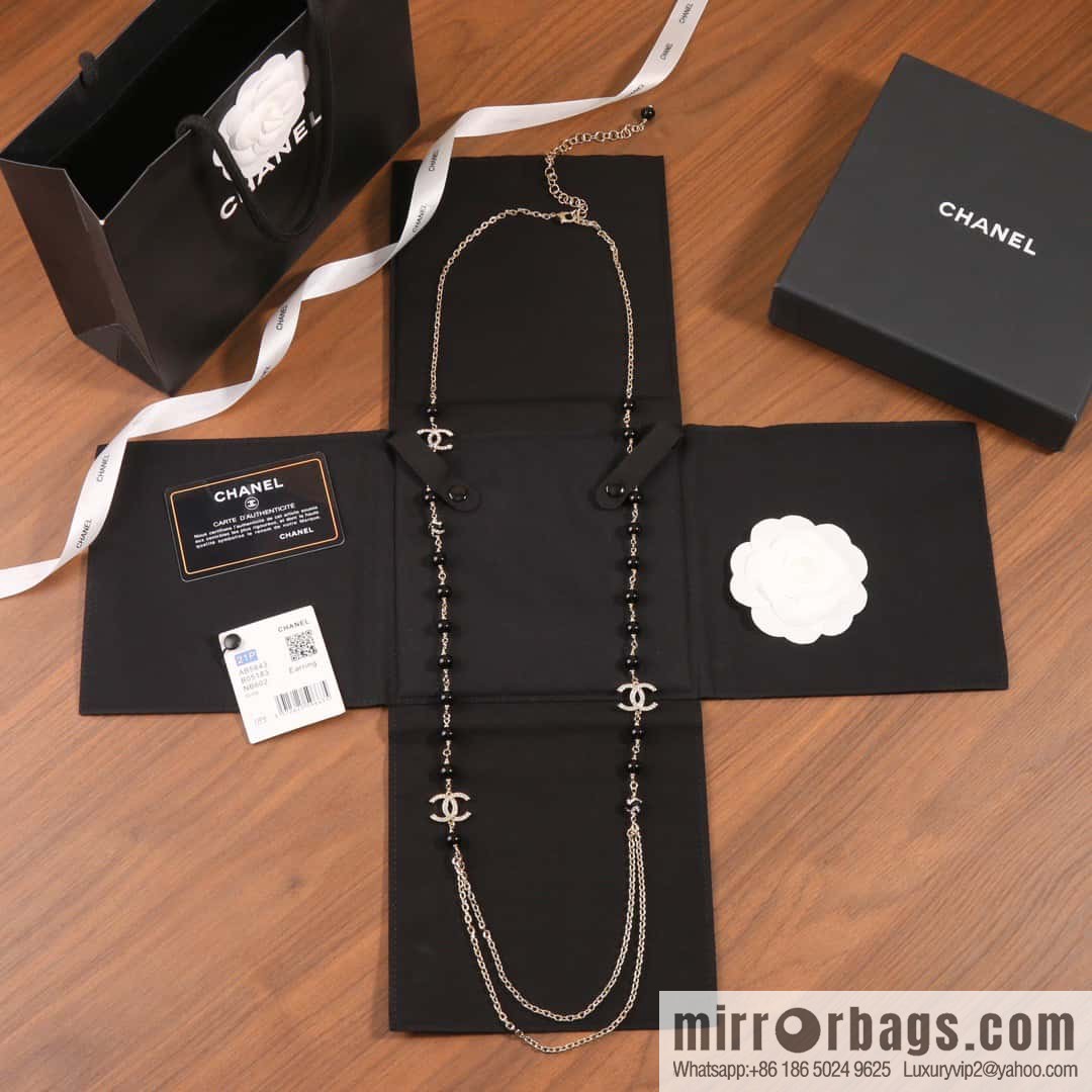 ☀️New ☑️ Chanel Double C Black Pearl Double Sweater Chain Necklace ☀️