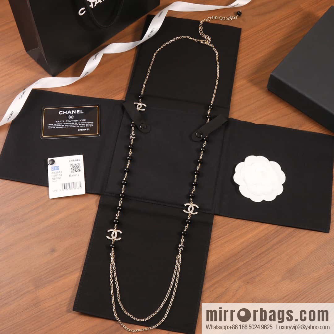 ☀️New ☑️ Chanel Double C Black Pearl Double Sweater Chain Necklace ☀️