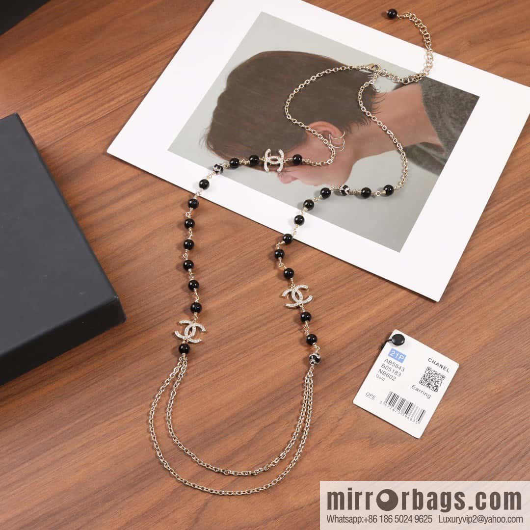 ☀️New ☑️ Chanel Double C Black Pearl Double Sweater Chain Necklace ☀️