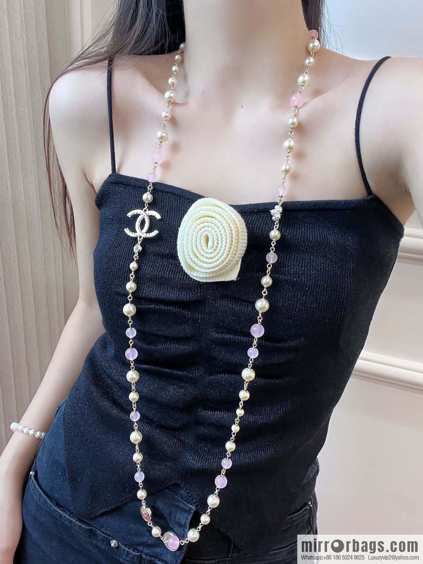❗️New ❗️ Chanel necklace sweater chain ☀️ new ☑️ Chanel double c pink bead pearl necklace sweater chain ☀️