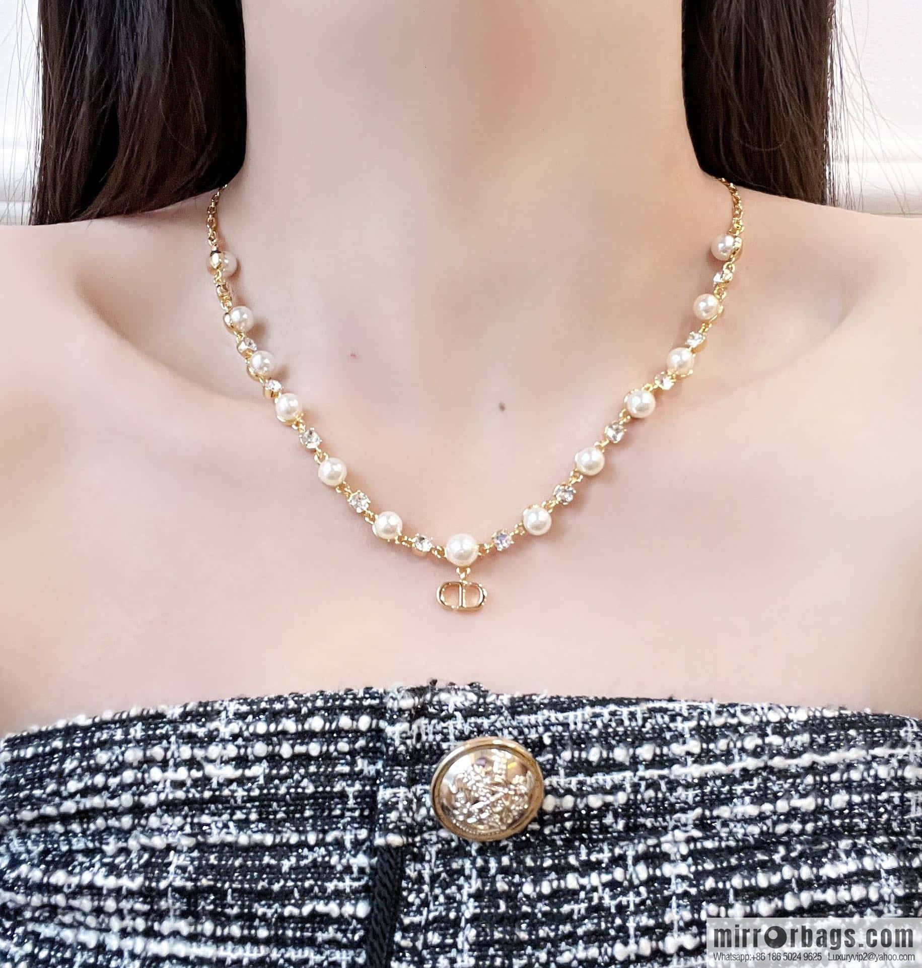 New ☑️ Dior full diamond CD pearl necklace