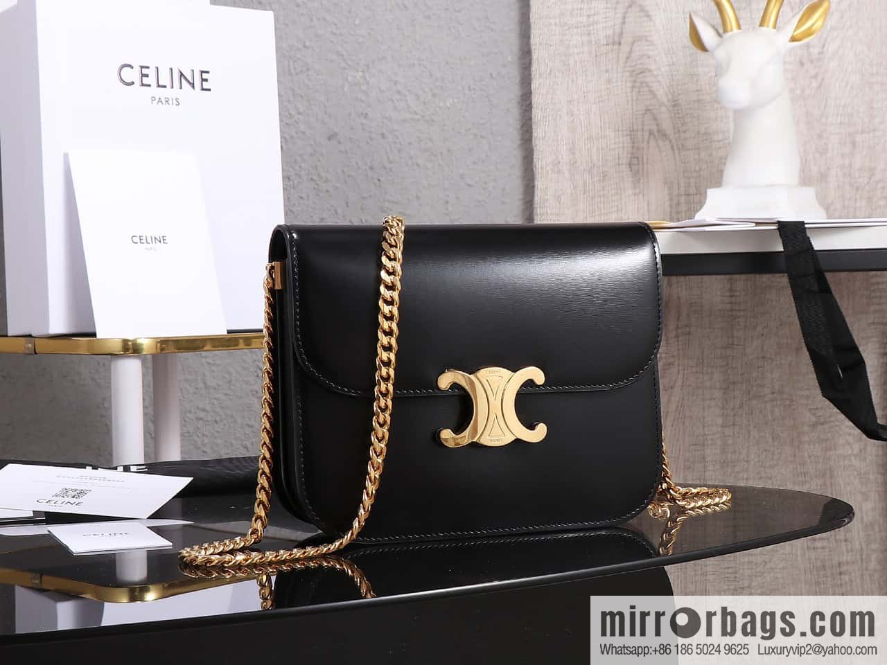 [Premium quality, all-steel hardware] CELINE 23s autumn and winter new products | COLLEGE TRIOMPHE bright cow leather (fabric) chain strap handbag number: 113583 Arc de Triomphe autumn new