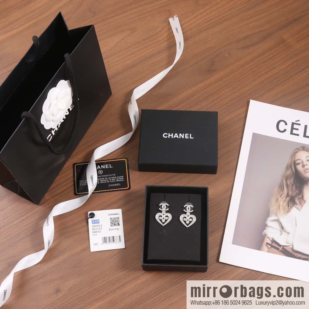 ☀️New ☑️ chanel c2 double c full diamond peach heart love earrings