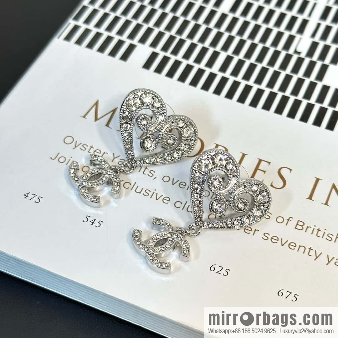 ☀️New ☑️ chanel c2 double c full diamond peach heart love earrings