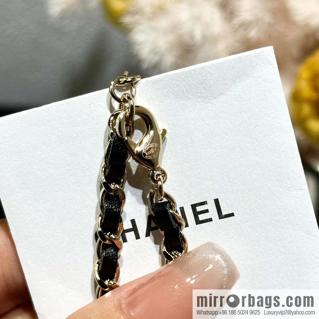 ☀️New ☑️ Chanel Double C Square Diamond Black Leather Rope Necklace