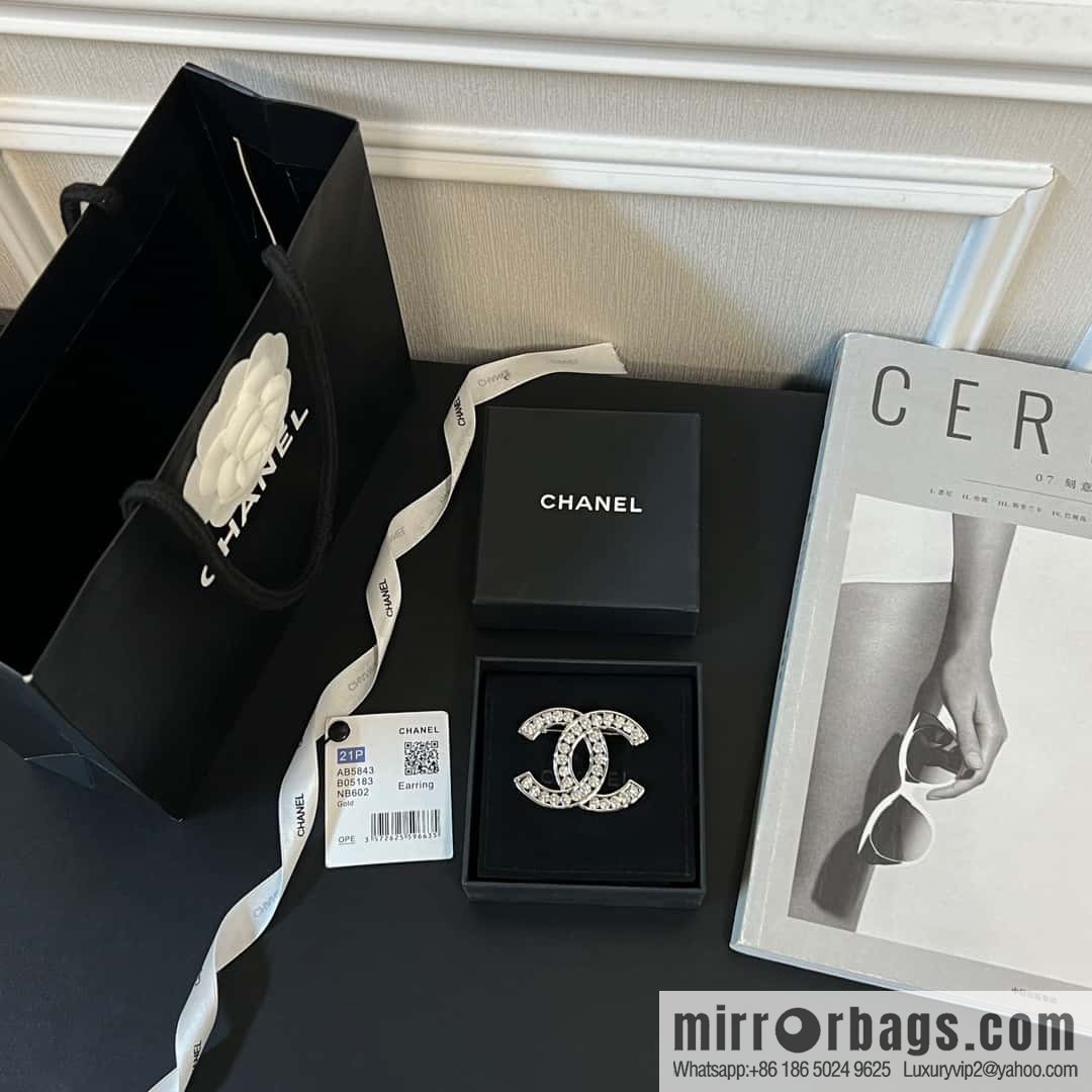 New, Chanel Silver Double C Full Diamond Brooch