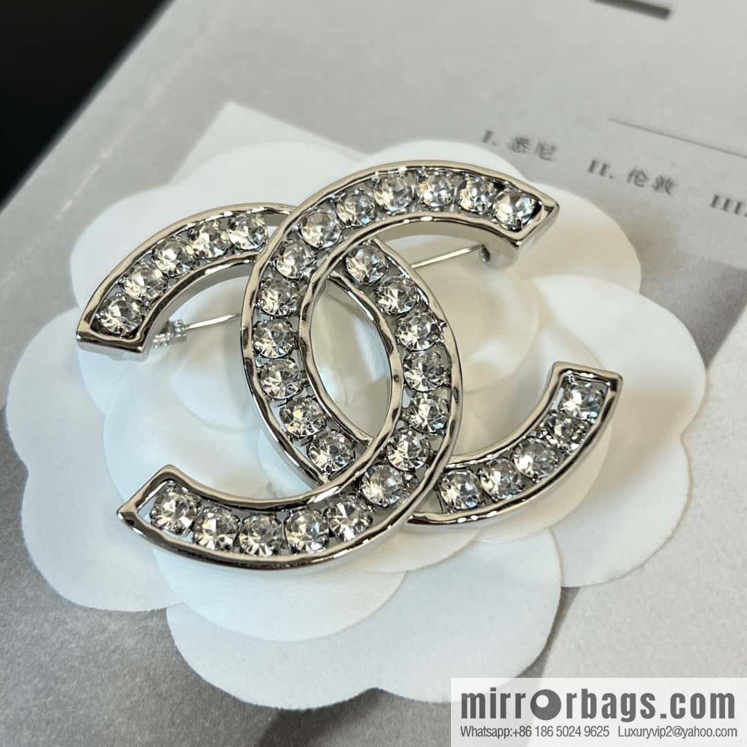 New, Chanel Silver Double C Full Diamond Brooch