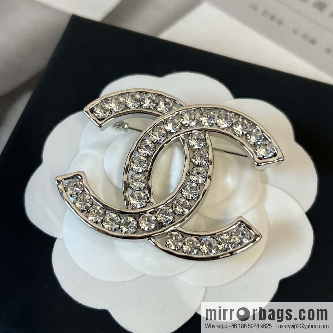 New, Chanel Silver Double C Full Diamond Brooch