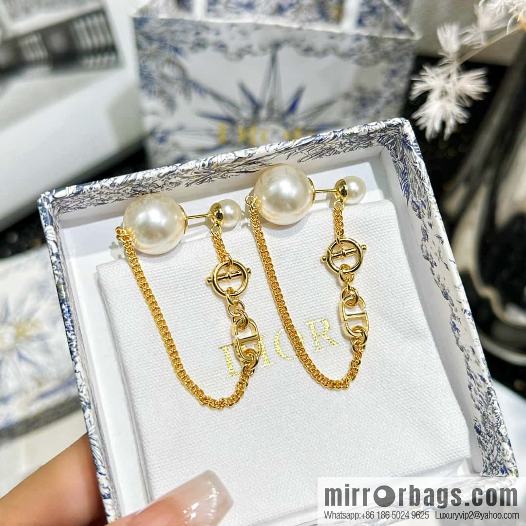 New ☑️ DIOR gold CD size pearl tassel stud earrings