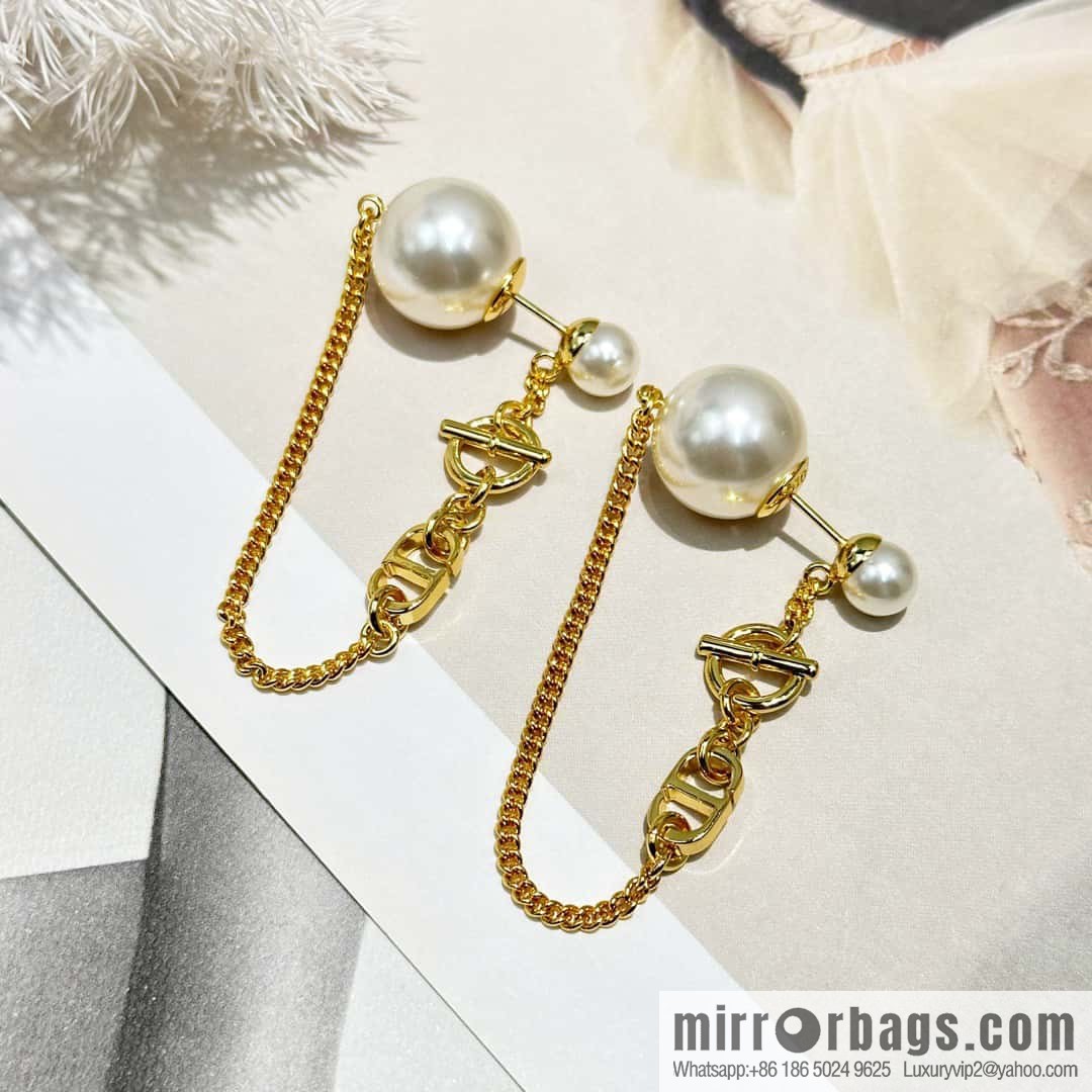 New ☑️ DIOR gold CD size pearl tassel stud earrings