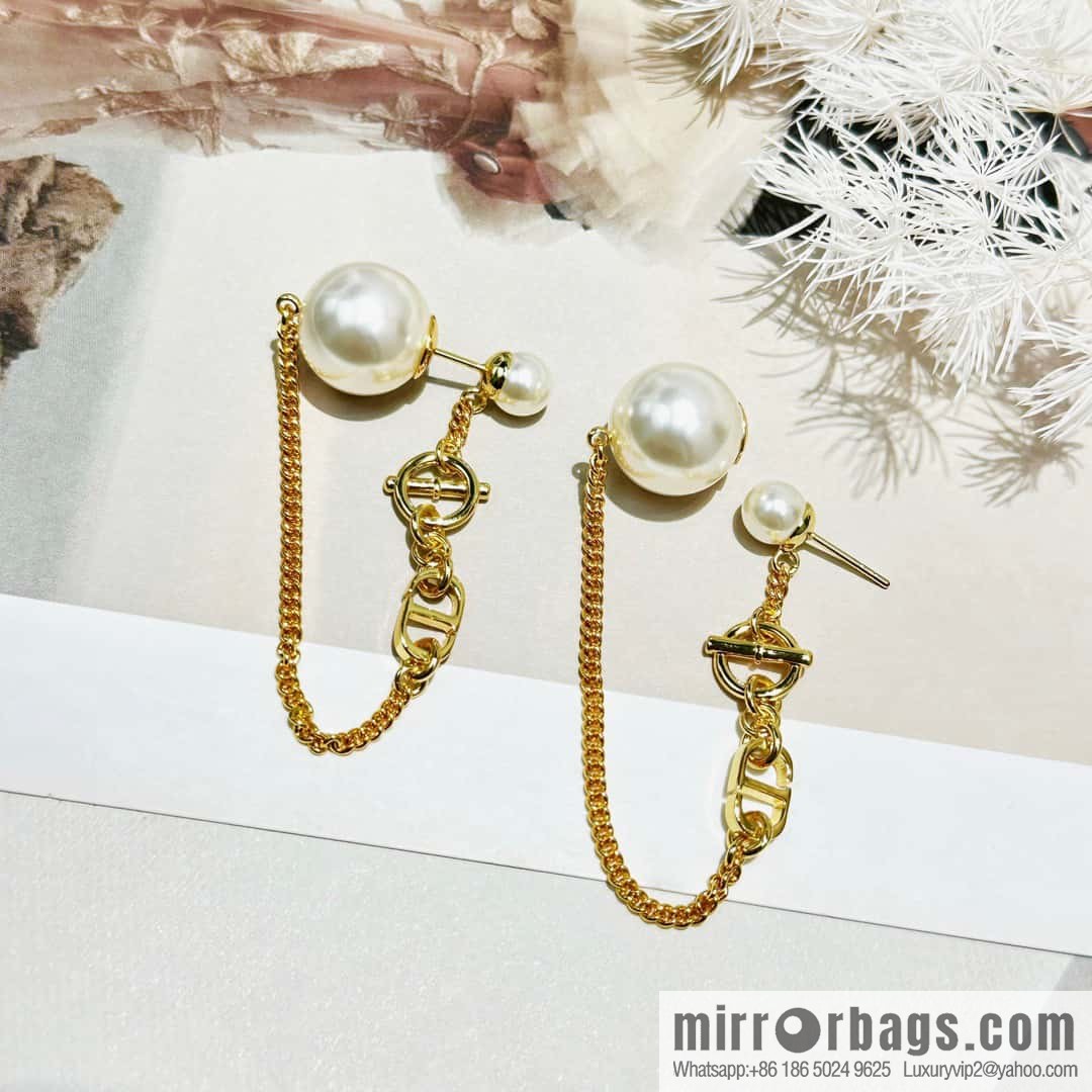 New ☑️ DIOR gold CD size pearl tassel stud earrings