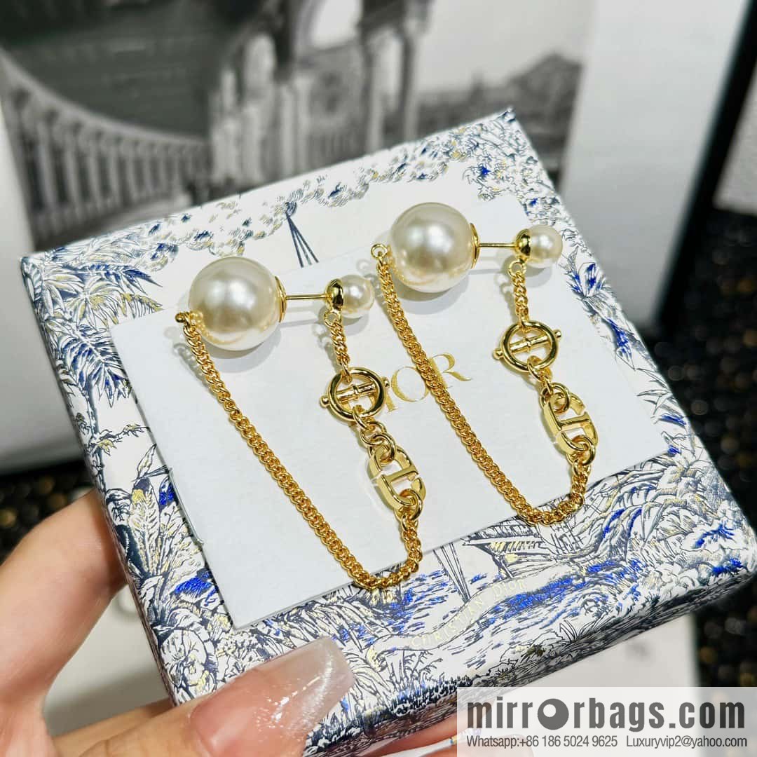 New ☑️ DIOR gold CD size pearl tassel stud earrings