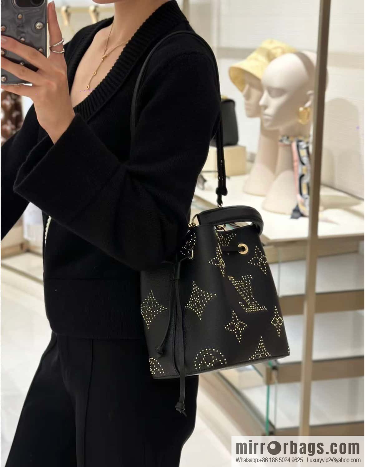 [Premium‑quality] M46734 black full leather willow nail bucket bag series Néo Noé BB bucket bag