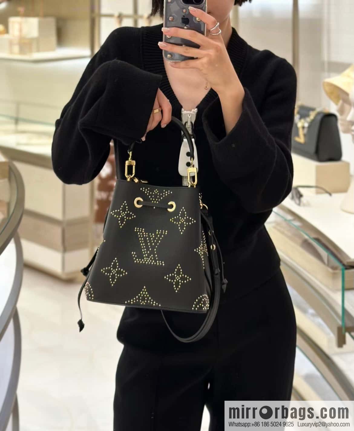 [Premium‑quality] M46734 black full leather willow nail bucket bag series Néo Noé BB bucket bag