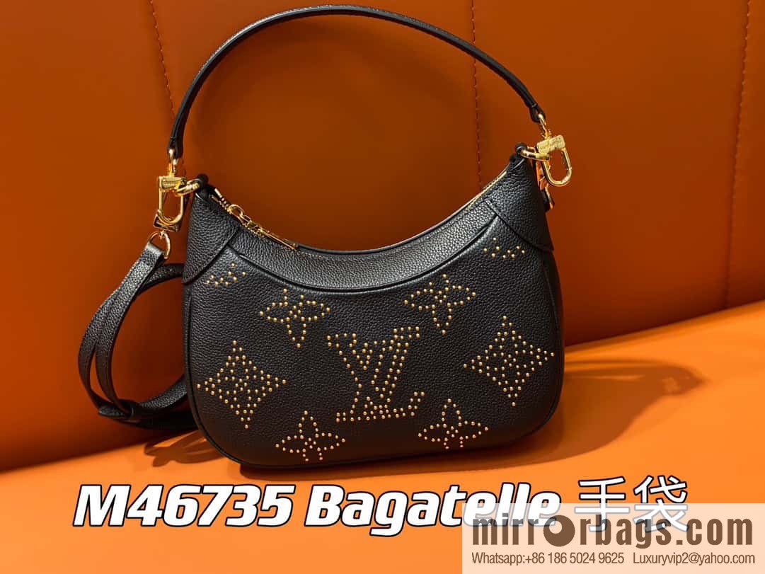 [Boutique‑grade] M46735 black full leather willow nail croissant series, this Bagatelle handbag m46091 full leather rivet with nails, crescent bag, pea bag, croissant bag