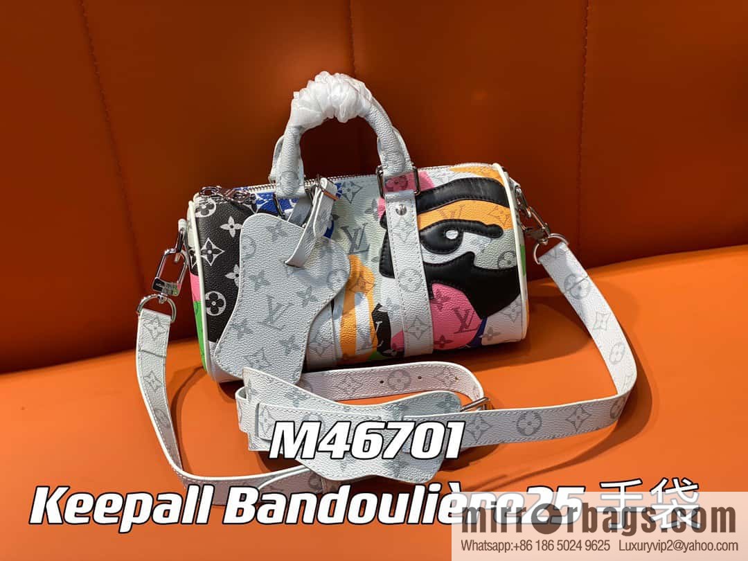 [Boutique‑grade] M46701 white flower, men's bag pillow bag series Keepall Bandoulière 25 handbag LVPortrait series shoulder backpack