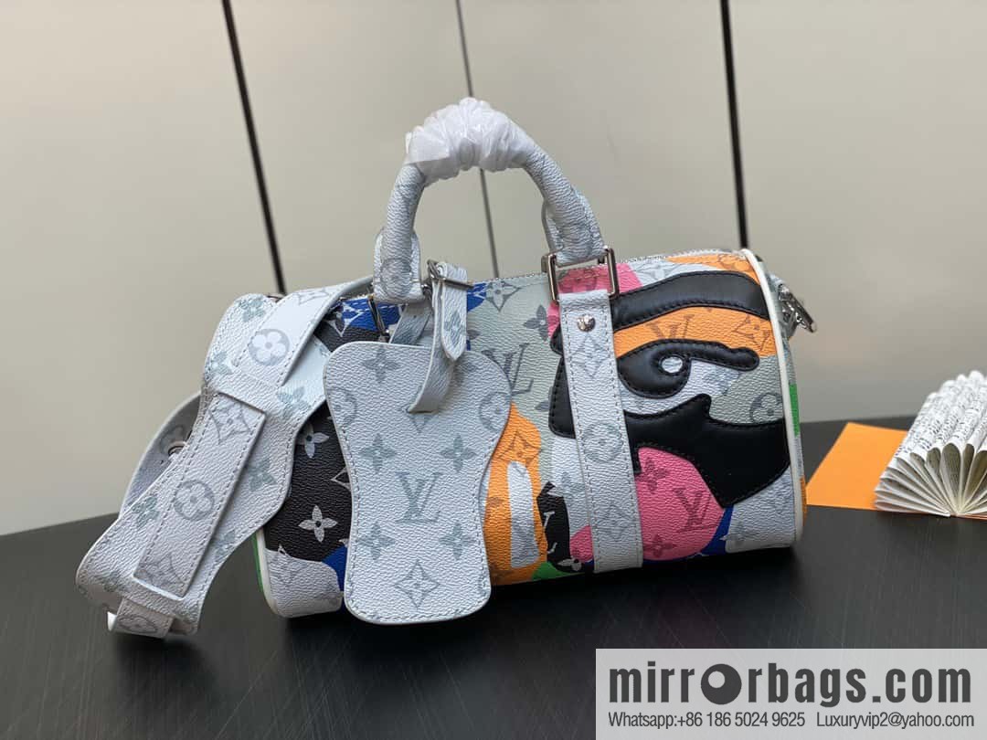 [Boutique‑grade] M46701 white flower, men's bag pillow bag series Keepall Bandoulière 25 handbag LVPortrait series shoulder backpack
