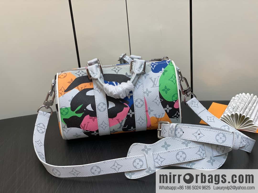 [Boutique‑grade] M46701 white flower, men's bag pillow bag series Keepall Bandoulière 25 handbag LVPortrait series shoulder backpack