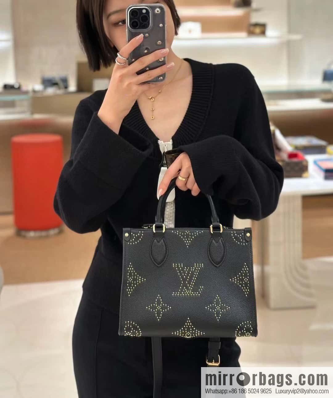 [Premium‑quality] M46733 black full leather willow nail square bag series ONTHEGO small handbag