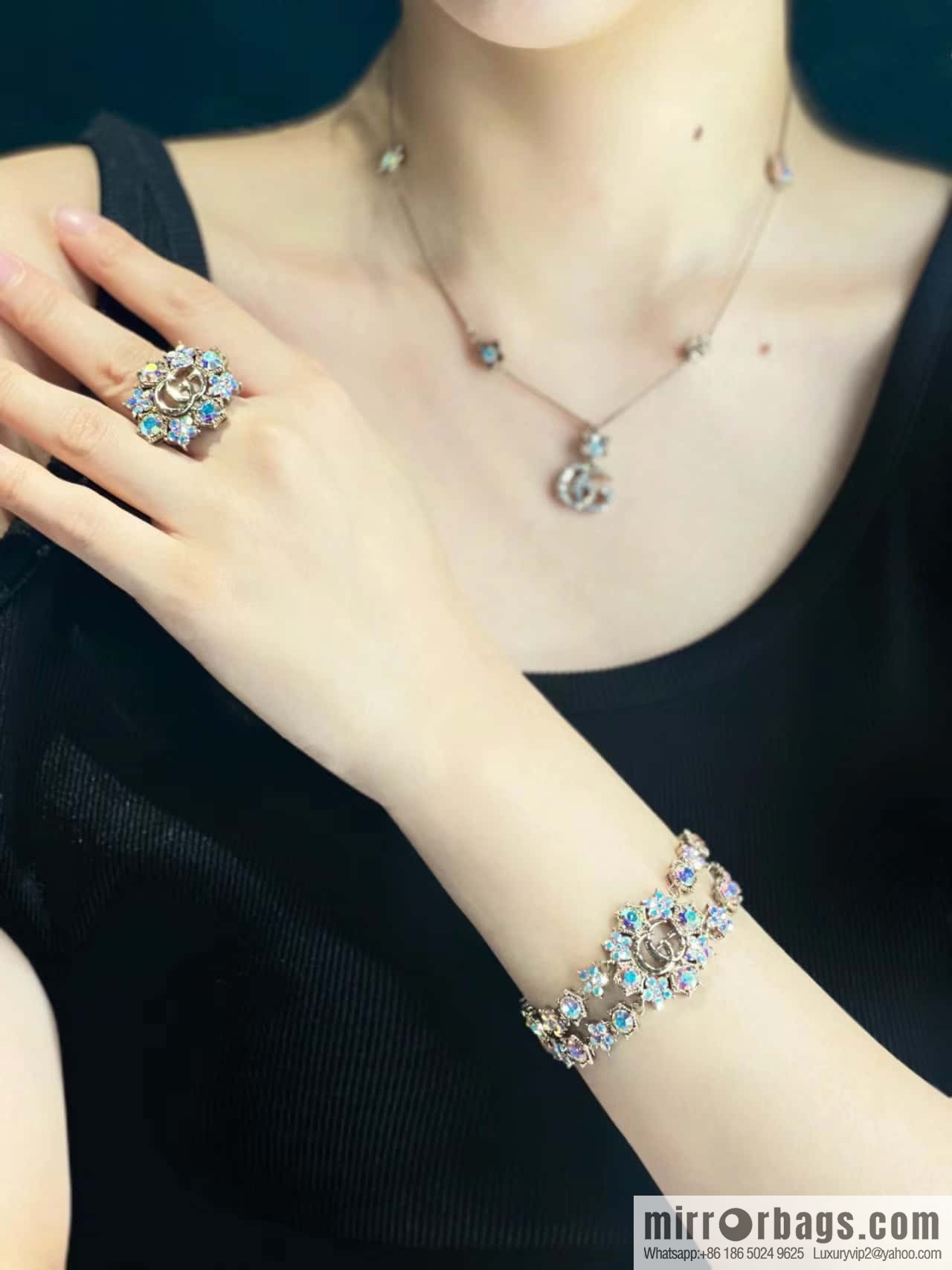 ☀️New Gucci Gucci Double G Full Diamond Double Crystal Flower Necklace, Bracelet ☀️