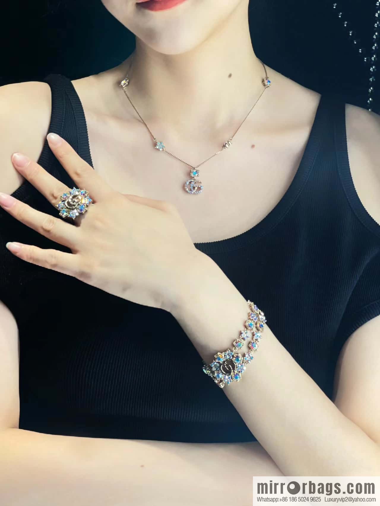 ☀️New Gucci Gucci Double G Full Diamond Double Crystal Flower Necklace, Bracelet ☀️