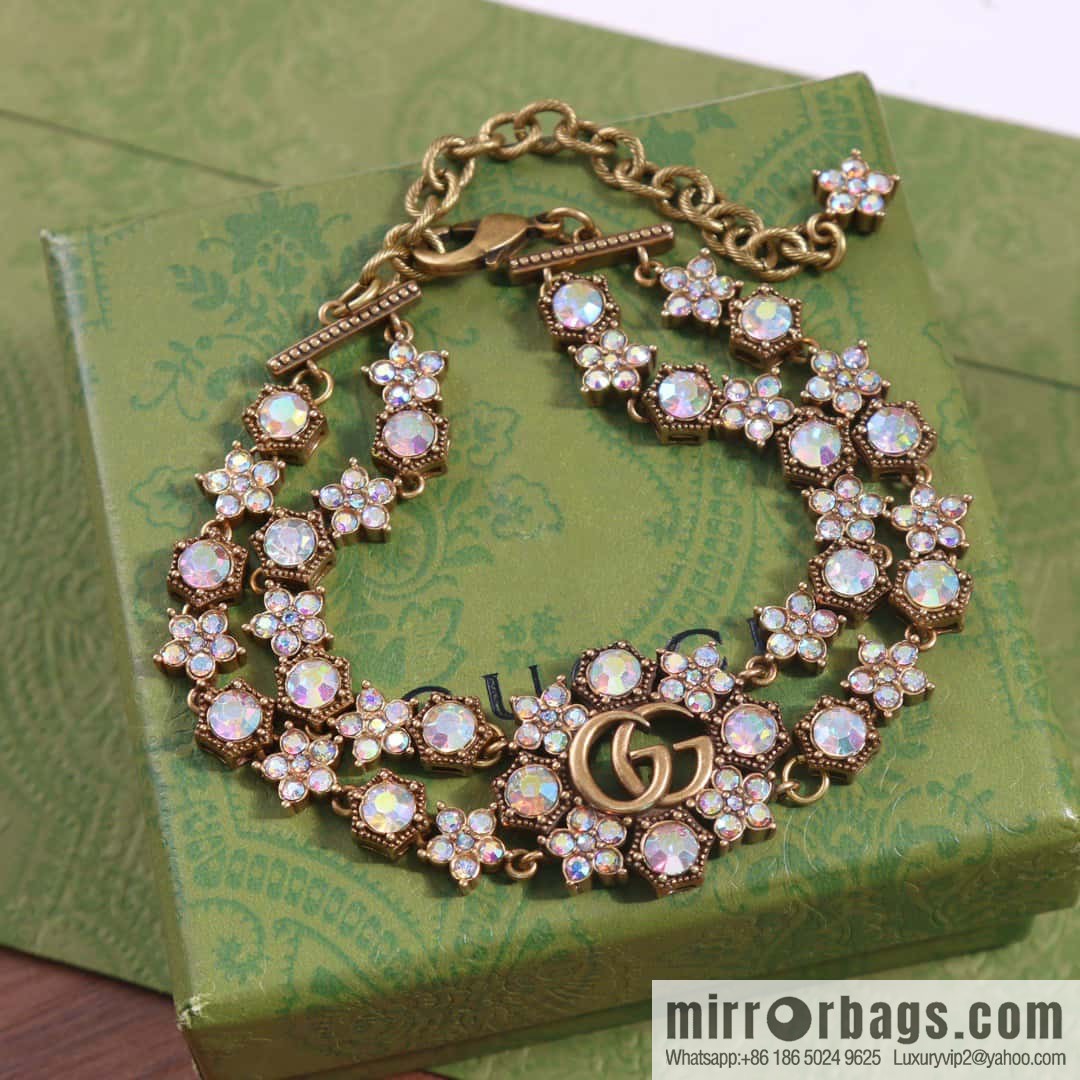 ☀️New Gucci Gucci Double G Full Diamond Double Crystal Flower Necklace, Bracelet ☀️