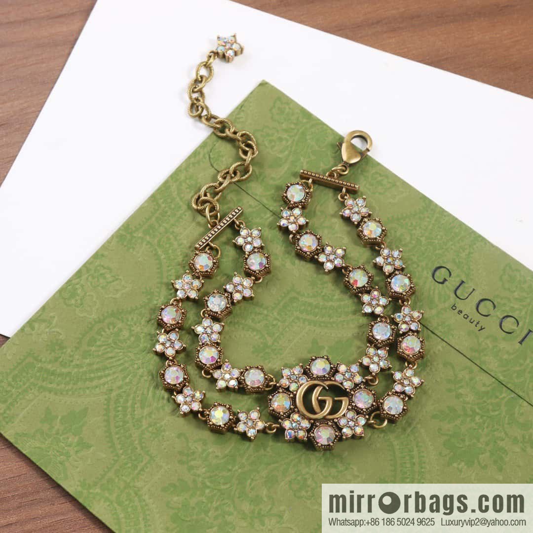 ☀️New Gucci Gucci Double G Full Diamond Double Crystal Flower Necklace, Bracelet ☀️