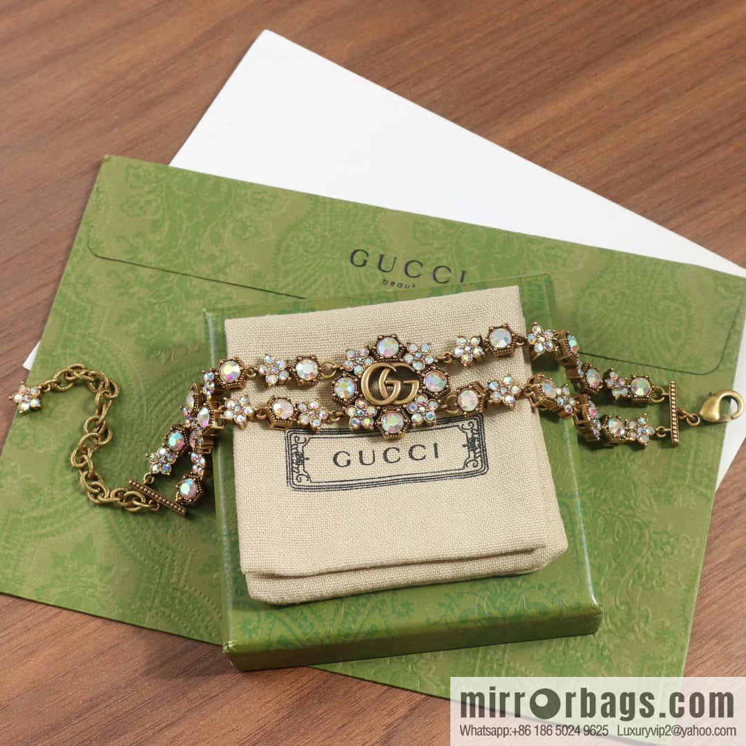 ☀️New Gucci Gucci Double G Full Diamond Double Crystal Flower Necklace, Bracelet ☀️