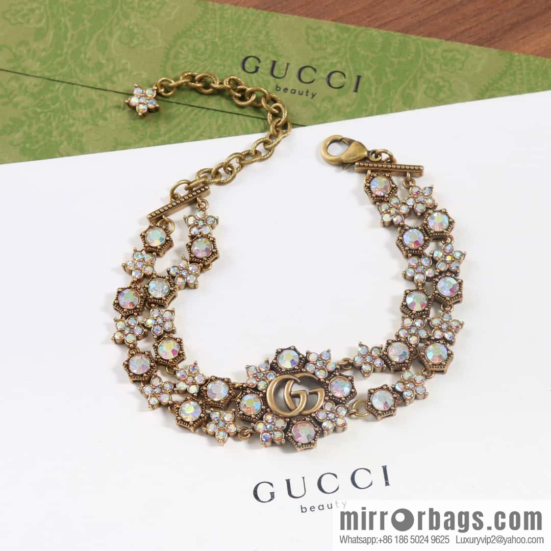 ☀️New Gucci Gucci Double G Full Diamond Double Crystal Flower Necklace, Bracelet ☀️