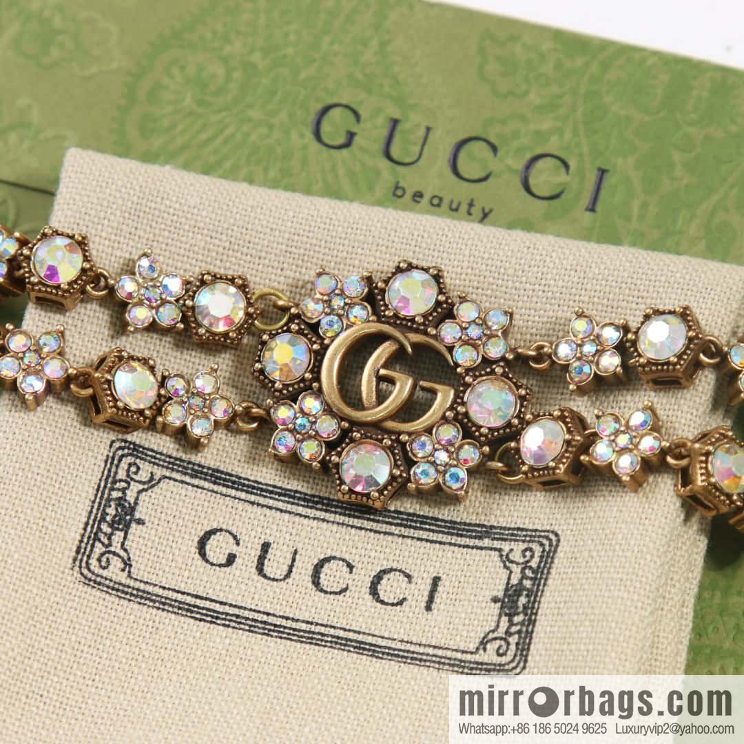 ☀️New Gucci Gucci Double G Full Diamond Double Crystal Flower Necklace, Bracelet ☀️