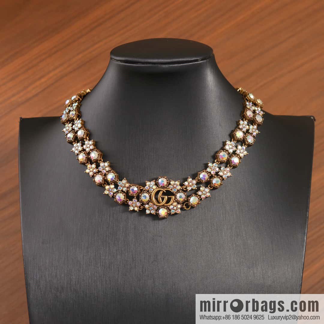 ☀️New Gucci Gucci Double G Full Diamond Double Crystal Flower Necklace, Bracelet ☀️