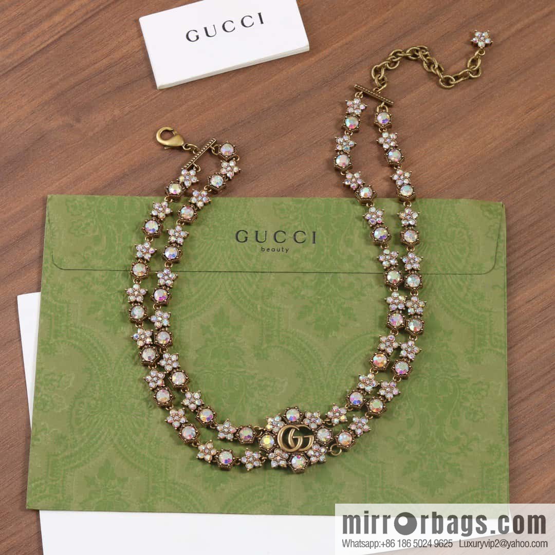 ☀️New Gucci Gucci Double G Full Diamond Double Crystal Flower Necklace, Bracelet ☀️