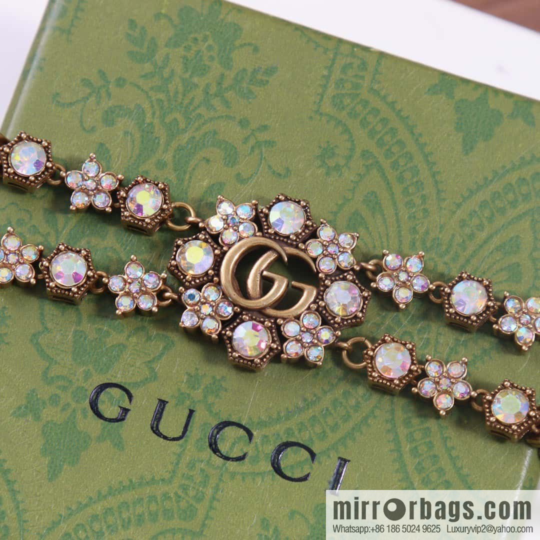 ☀️New Gucci Gucci Double G Full Diamond Double Crystal Flower Necklace, Bracelet ☀️