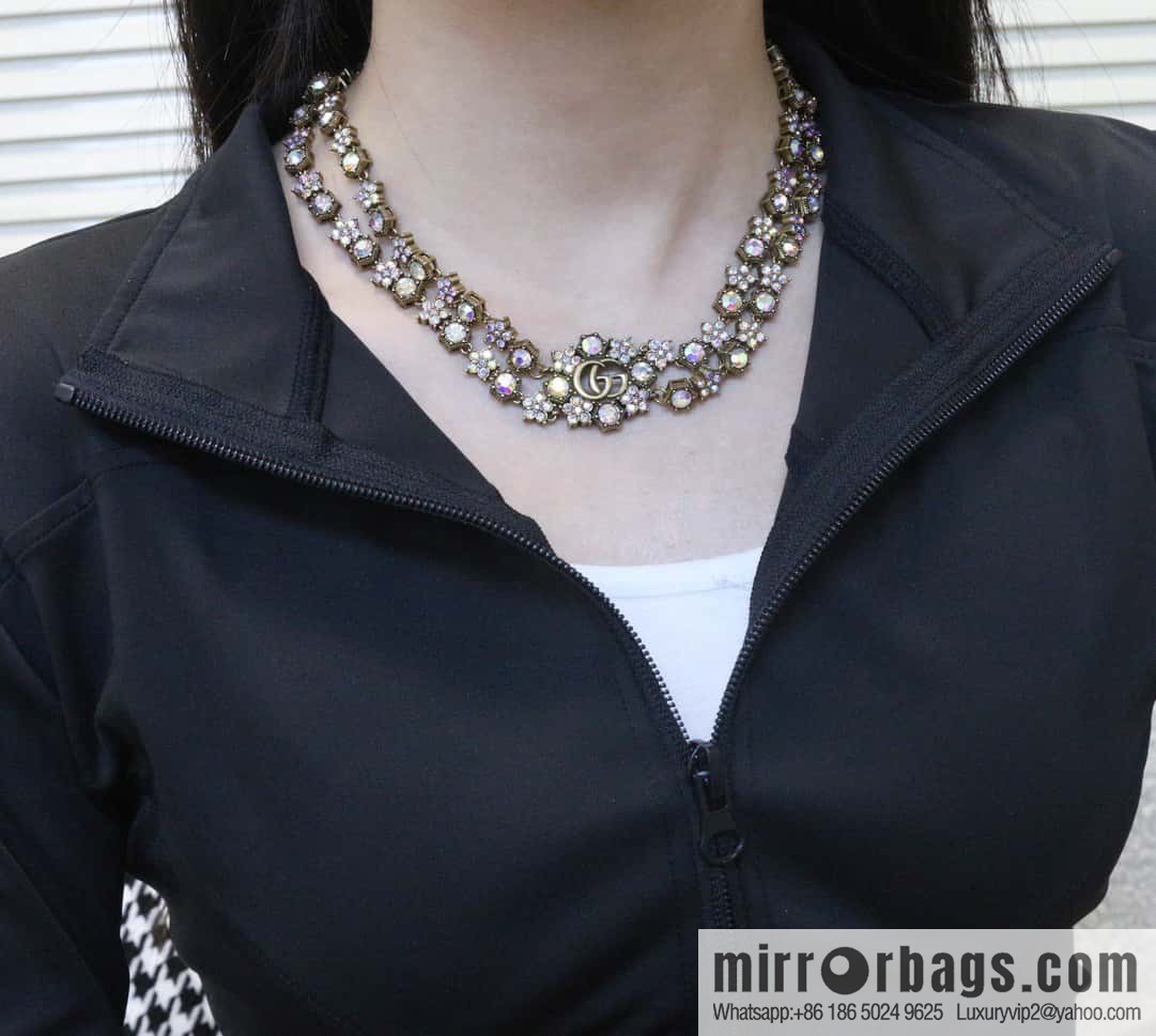 ☀️New Gucci Gucci Double G Full Diamond Double Crystal Flower Necklace, Bracelet ☀️