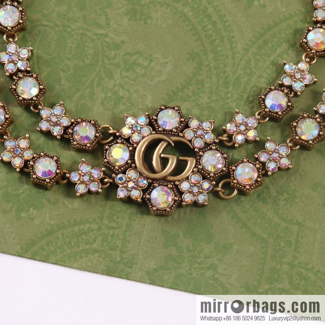 ☀️New Gucci Gucci Double G Full Diamond Double Crystal Flower Necklace, Bracelet ☀️