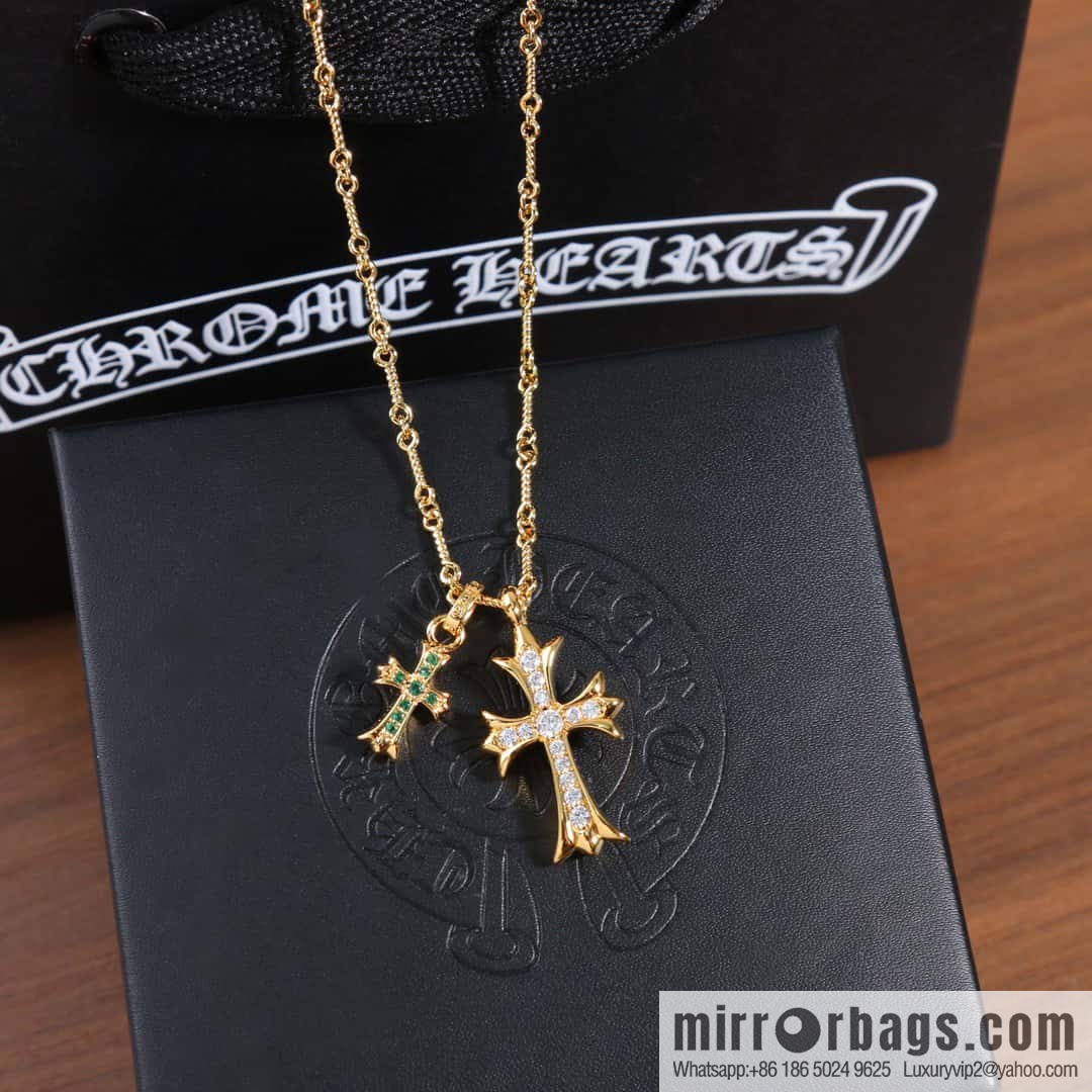☀New Crowe Heart Green Diamond Double Cross Necklace ☀
