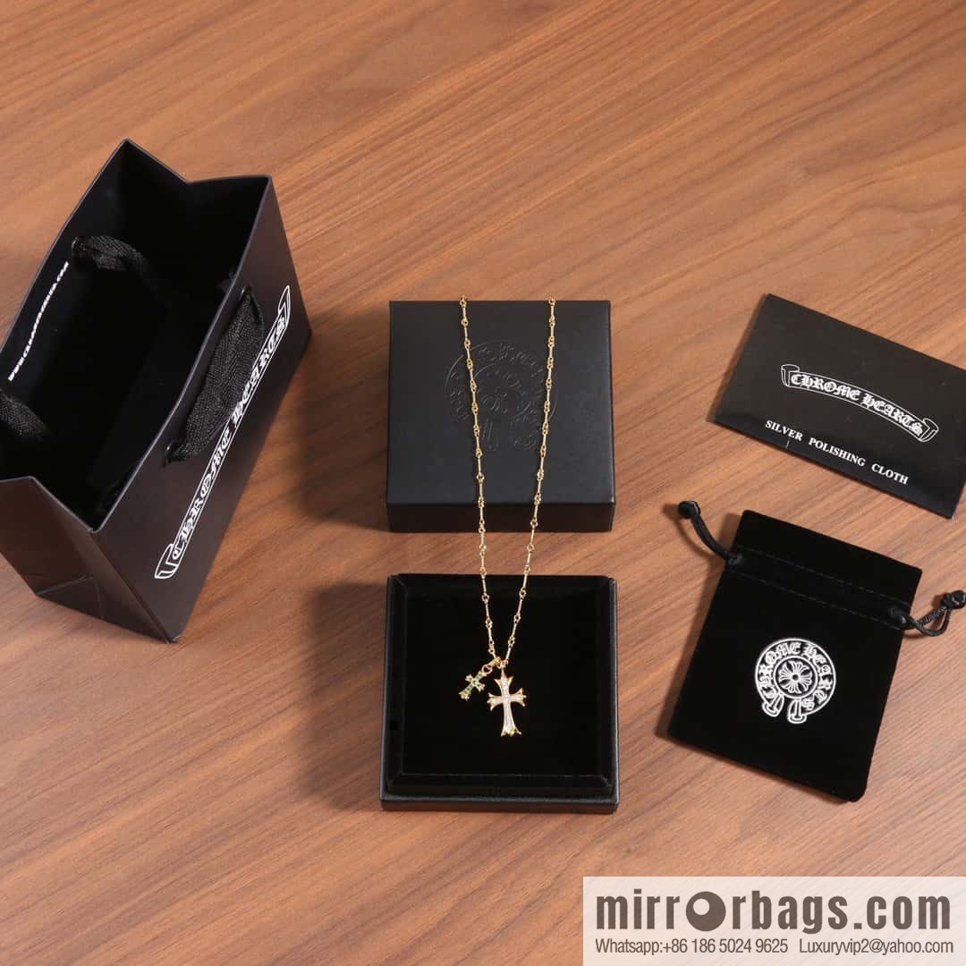 ☀New Crowe Heart Green Diamond Double Cross Necklace ☀
