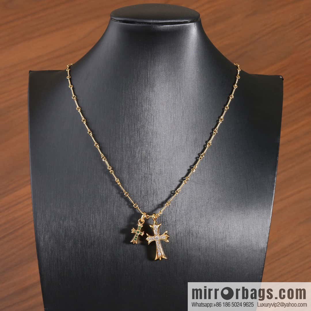 ☀New Crowe Heart Green Diamond Double Cross Necklace ☀