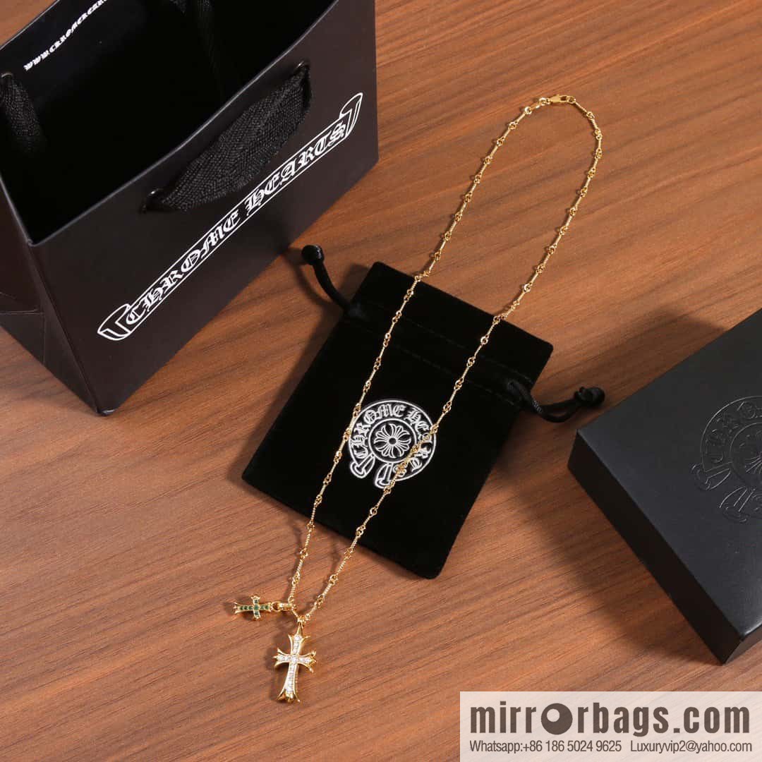 ☀New Crowe Heart Green Diamond Double Cross Necklace ☀