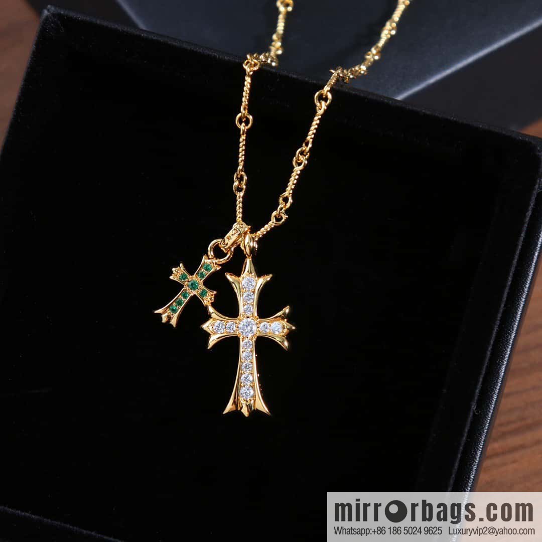 ☀New Crowe Heart Green Diamond Double Cross Necklace ☀