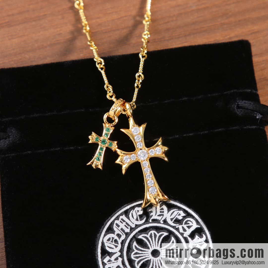 ☀New Crowe Heart Green Diamond Double Cross Necklace ☀