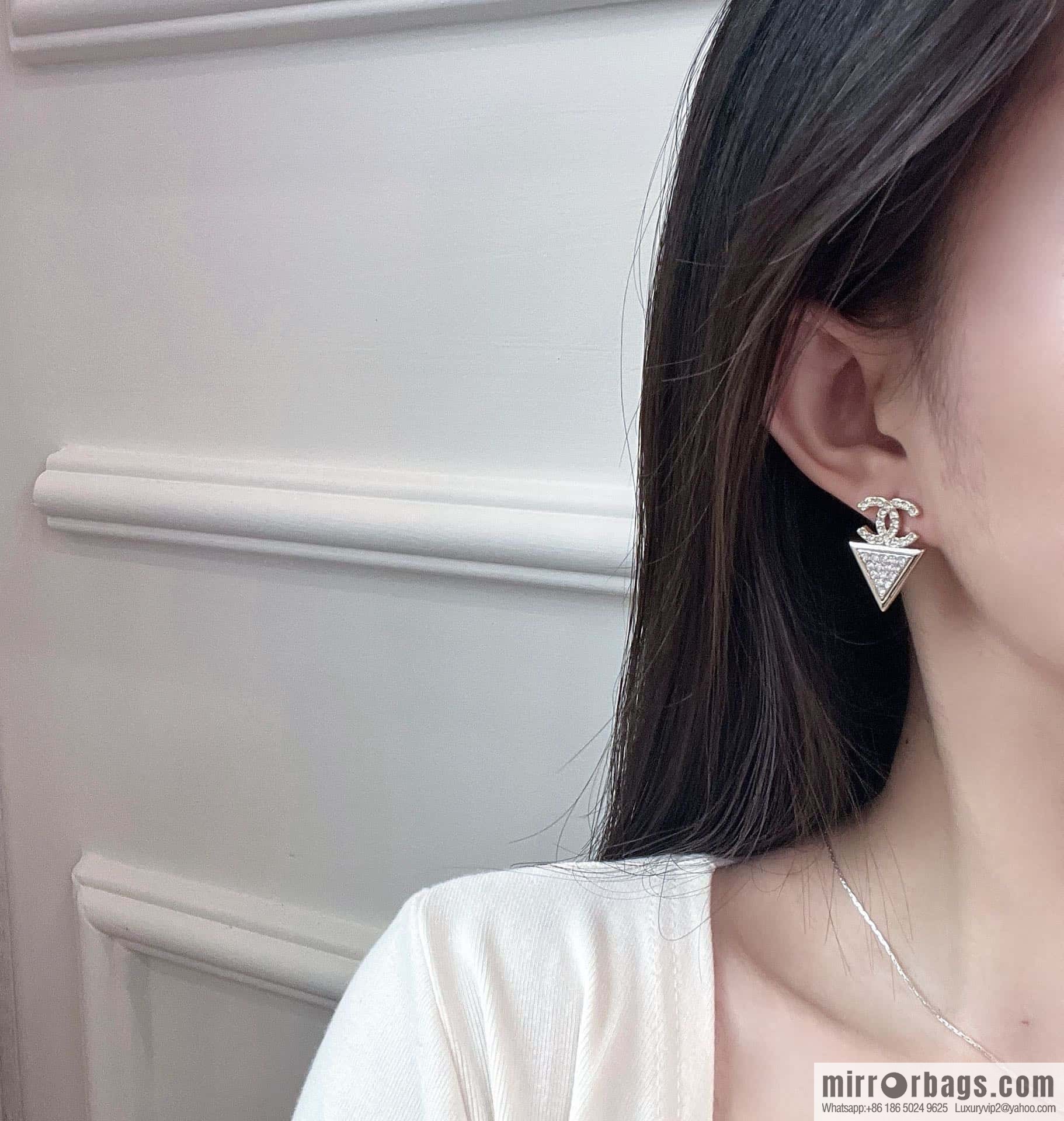 ❗️New ❗️ Chanel stud earrings ☀️ new ☑️ Chanel c2 double c full diamond triangle stud earrings ☀️